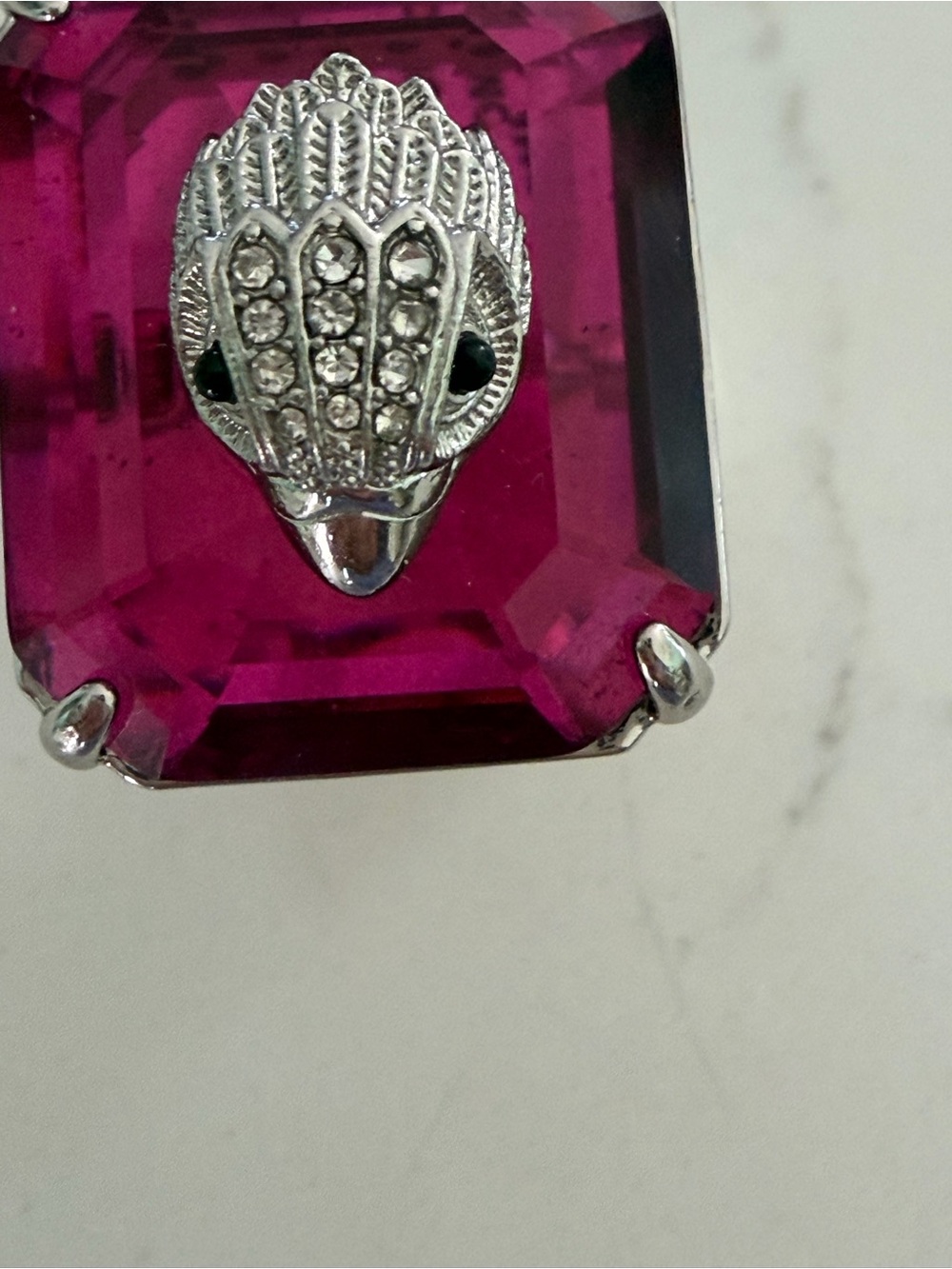 Kurt Geiger Deep Fuchsia Cocktail Ring with Silver Emblem